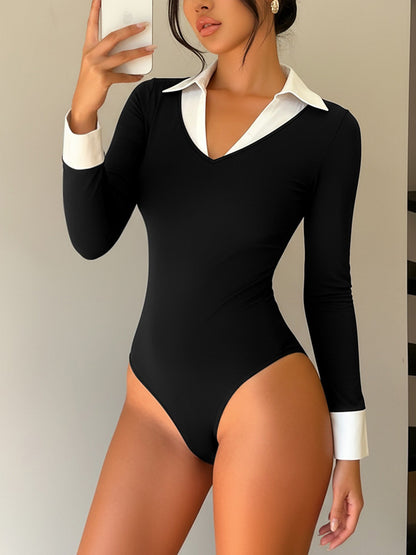 Fake-2-Piece Colorblock Collared Long Sleeves Bodysuits