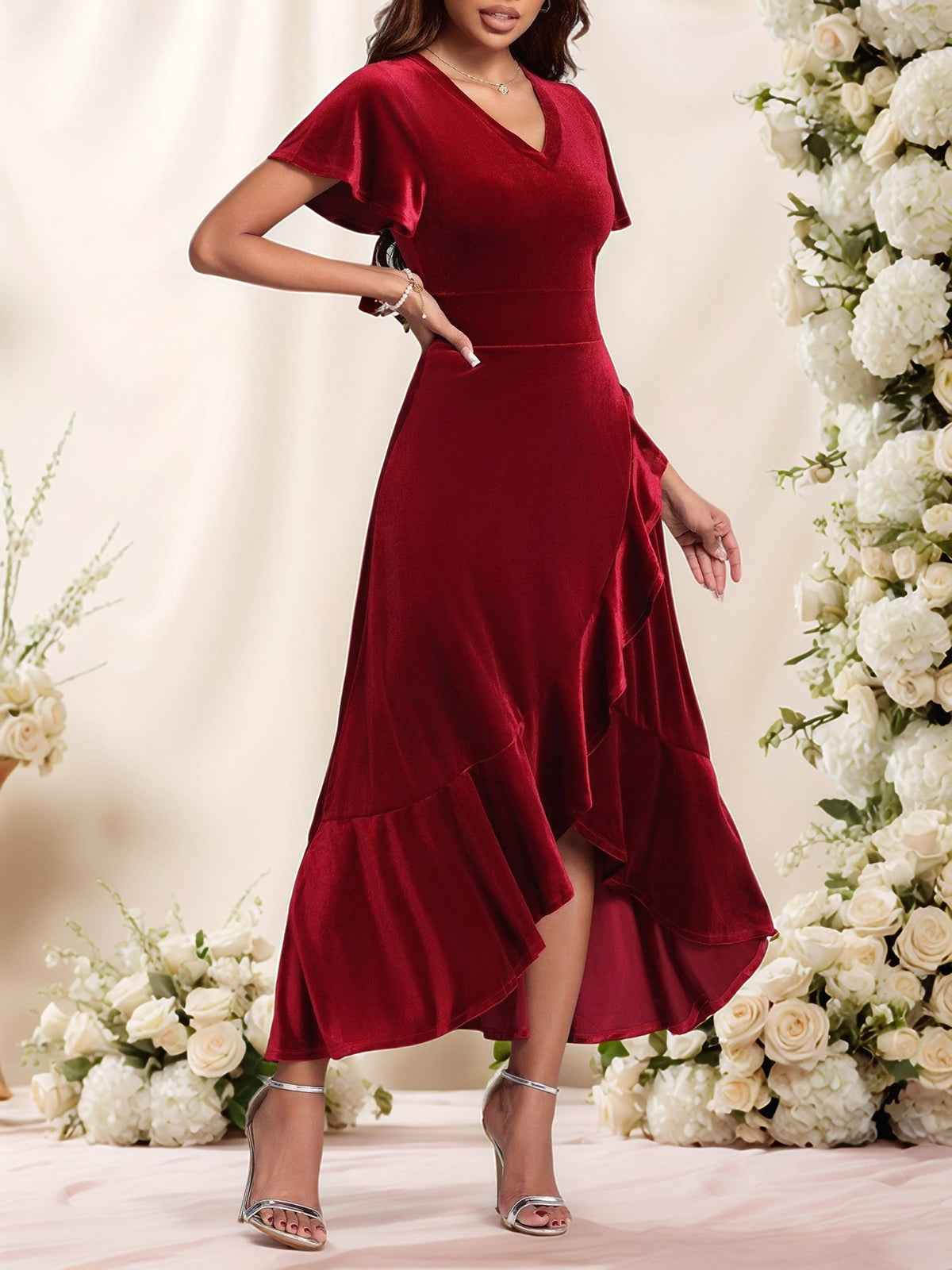 Velvet Ruffled Short Sleeves A-Line Midi Dress