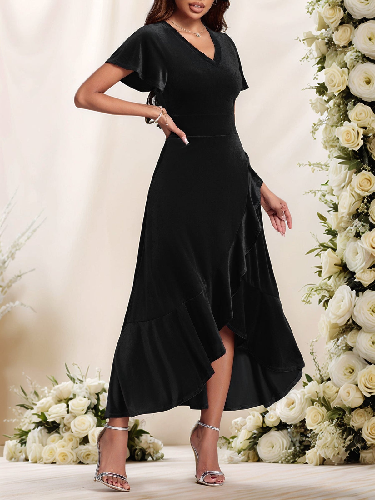 Velvet Ruffled Short Sleeves A-Line Midi Dress