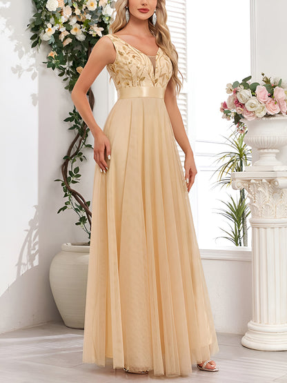 Sequin Embroidered V Neck Sleeveless Evening Gown Maxi Dress