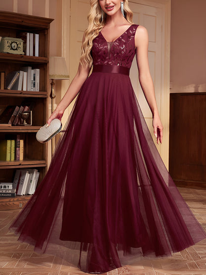 Sequin Embroidered V Neck Sleeveless Evening Gown Maxi Dress