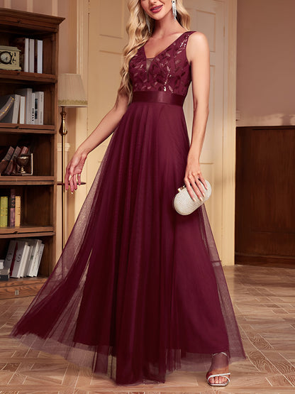 Sequin Embroidered V Neck Sleeveless Evening Gown Maxi Dress