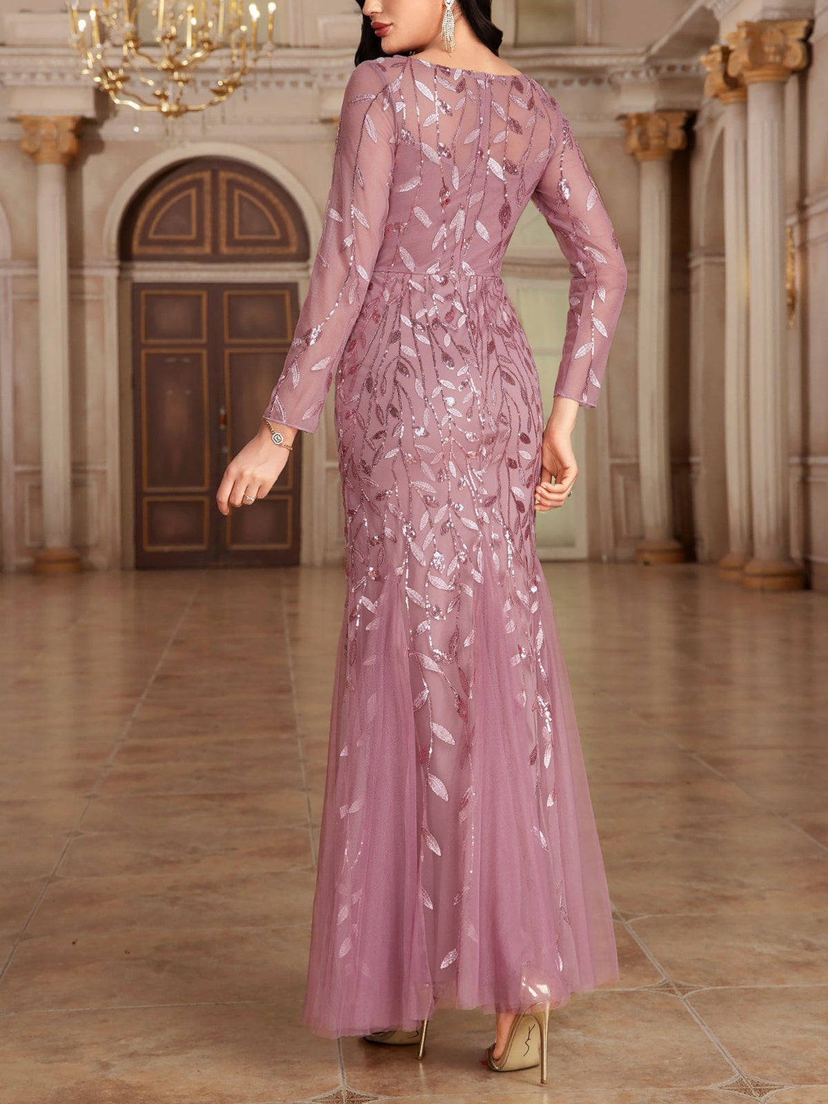 Sequin Embroidered Long Sleeve Round Neck Fishtail Dress Evening Gown