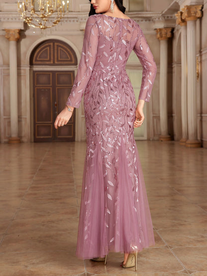 Sequin Embroidered Long Sleeve Round Neck Fishtail Dress Evening Gown
