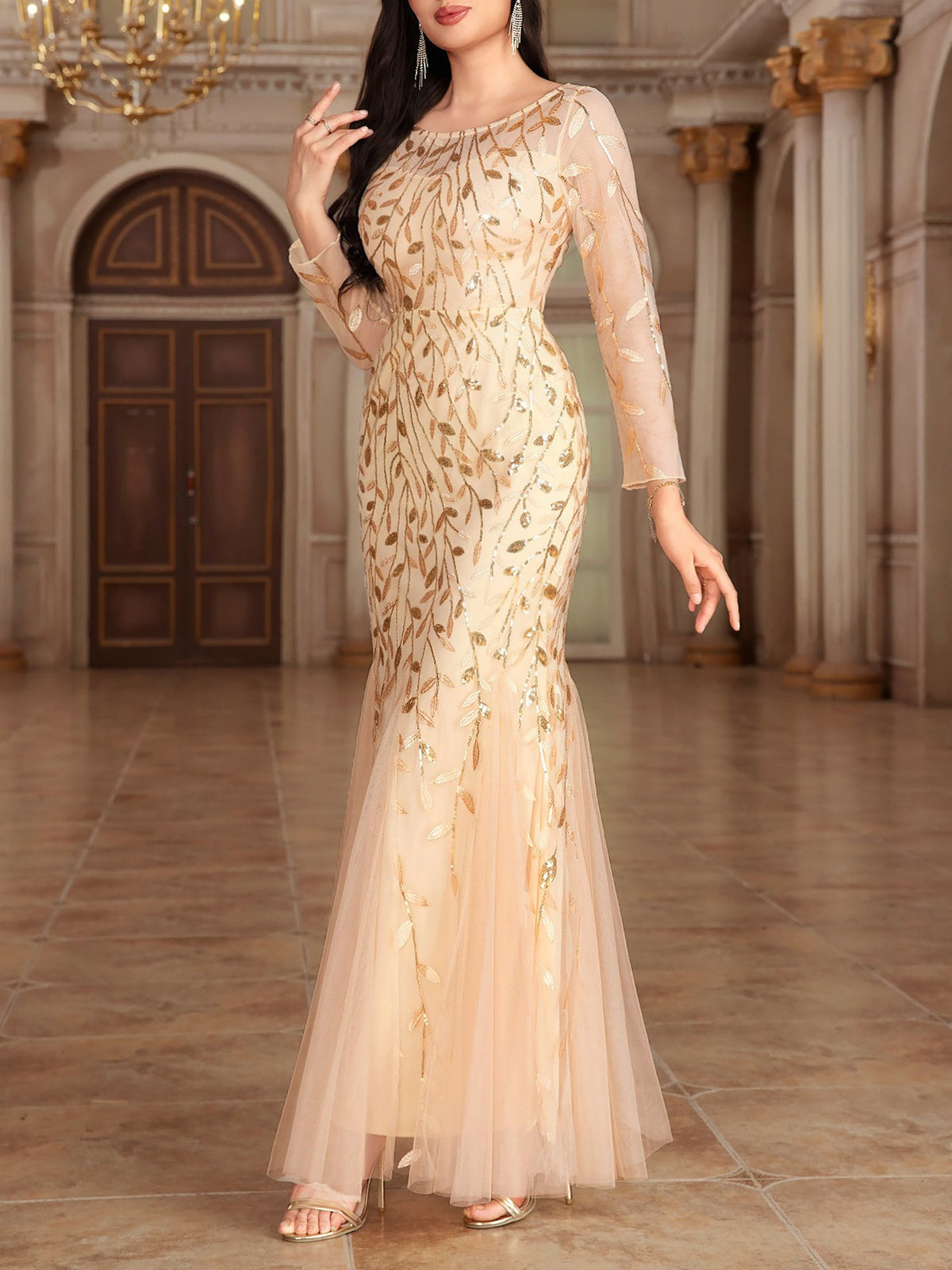 Sequin Embroidered Long Sleeve Round Neck Fishtail Dress Evening Gown