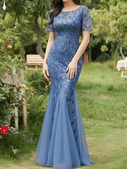 Mesh Embroidered Sequin Evening Gown Fishtail Dress