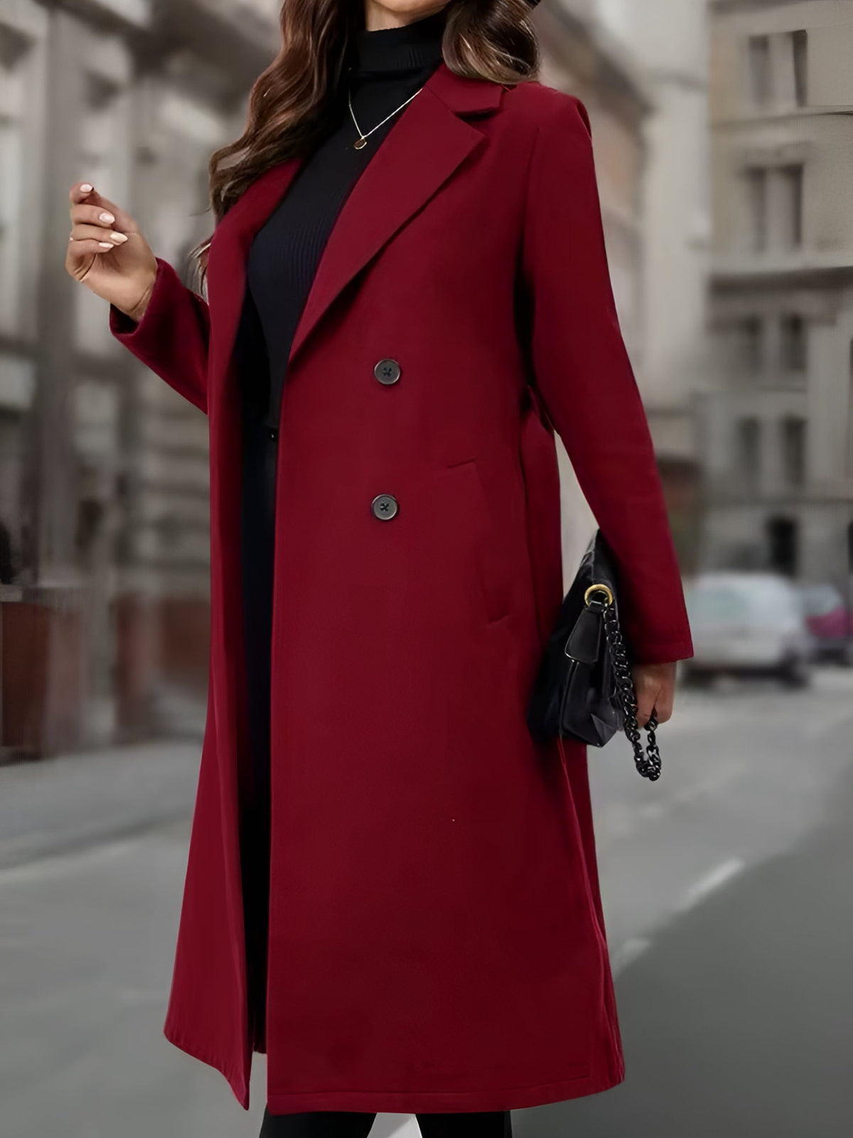 Notched Lapel Double-Breasted Belted Fully Lined Mid-Length Coat