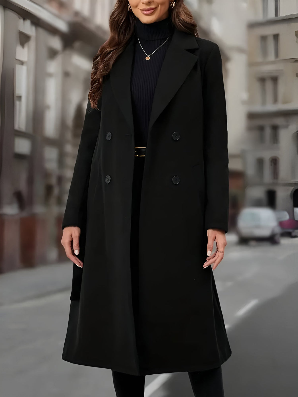 Notched Lapel Double-Breasted Belted Fully Lined Mid-Length Coat