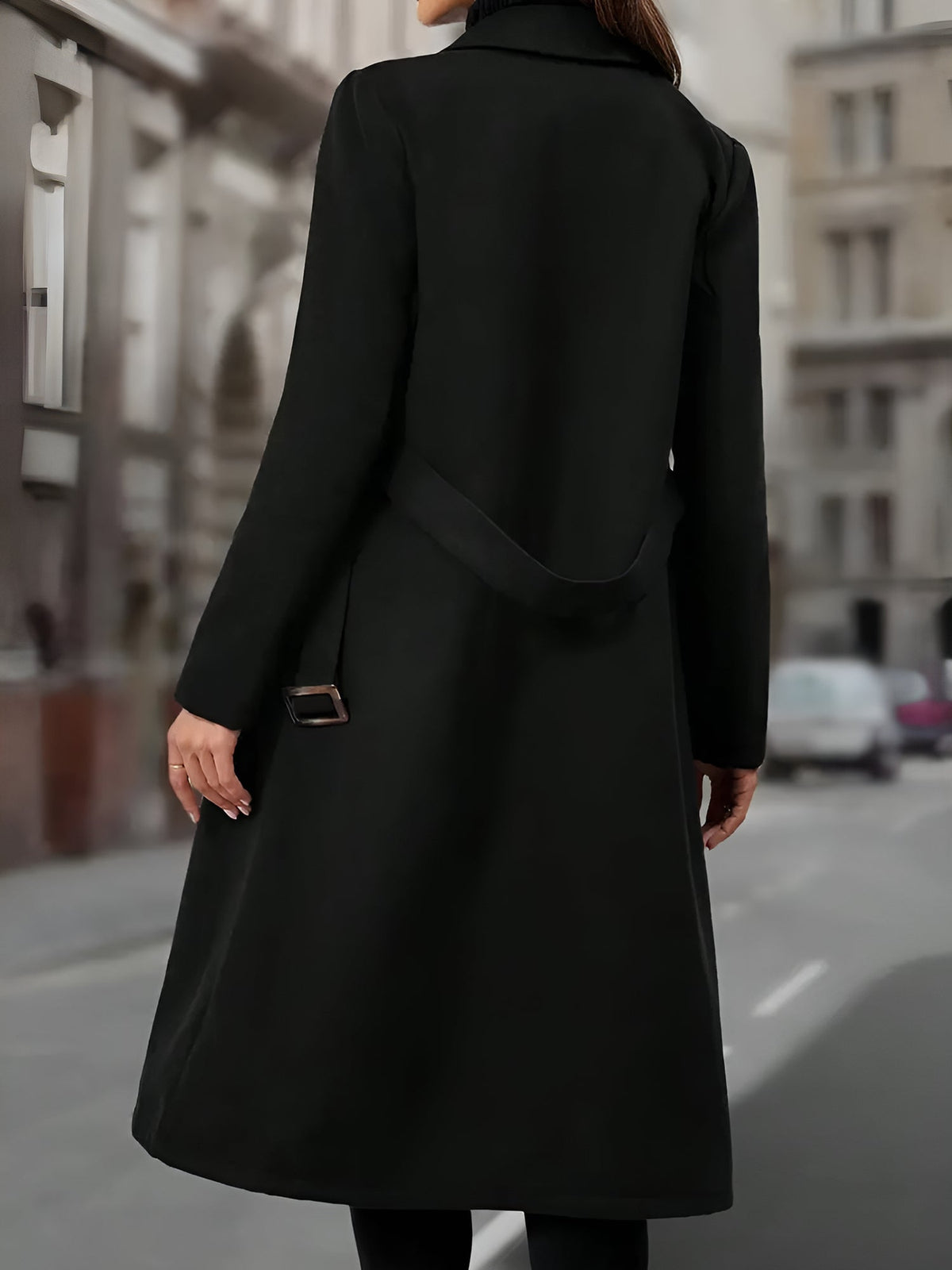 Notched Lapel Double-Breasted Belted Fully Lined Mid-Length Coat