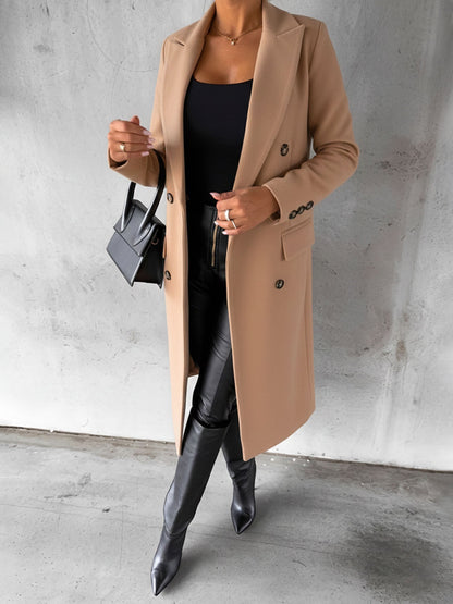 Casual Long Sleeve Double Breasted Notched Lapel Coat