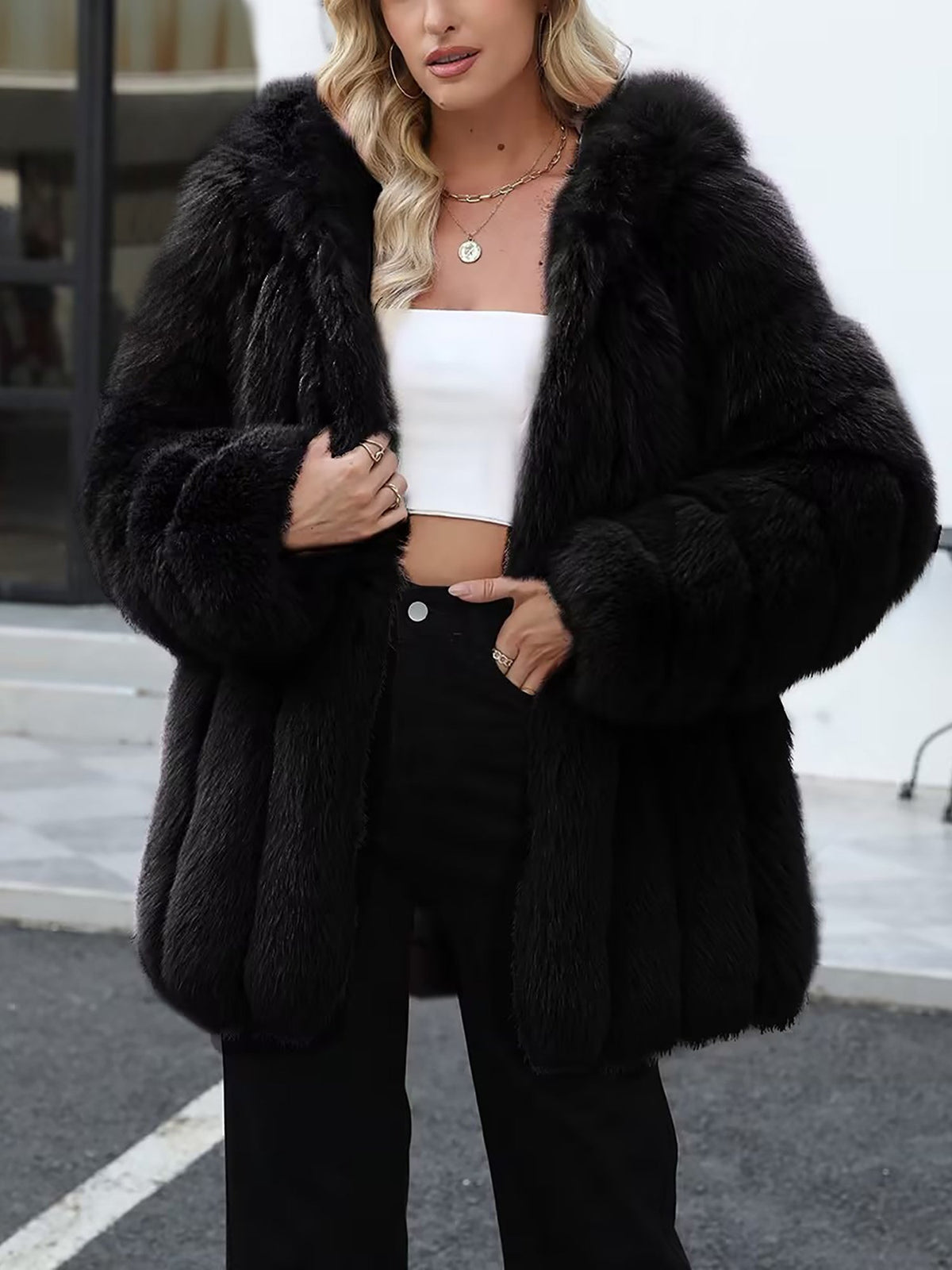 Faux Fur Long Sleeves Fully Lined Winter Coat