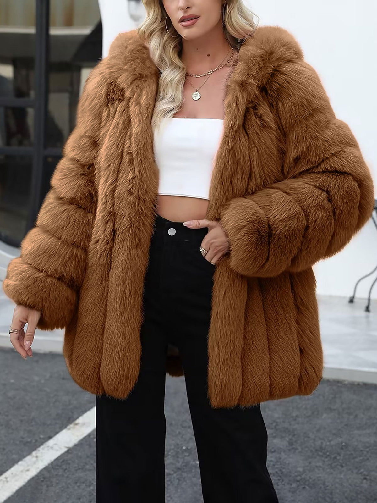 Faux Fur Long Sleeves Fully Lined Winter Coat