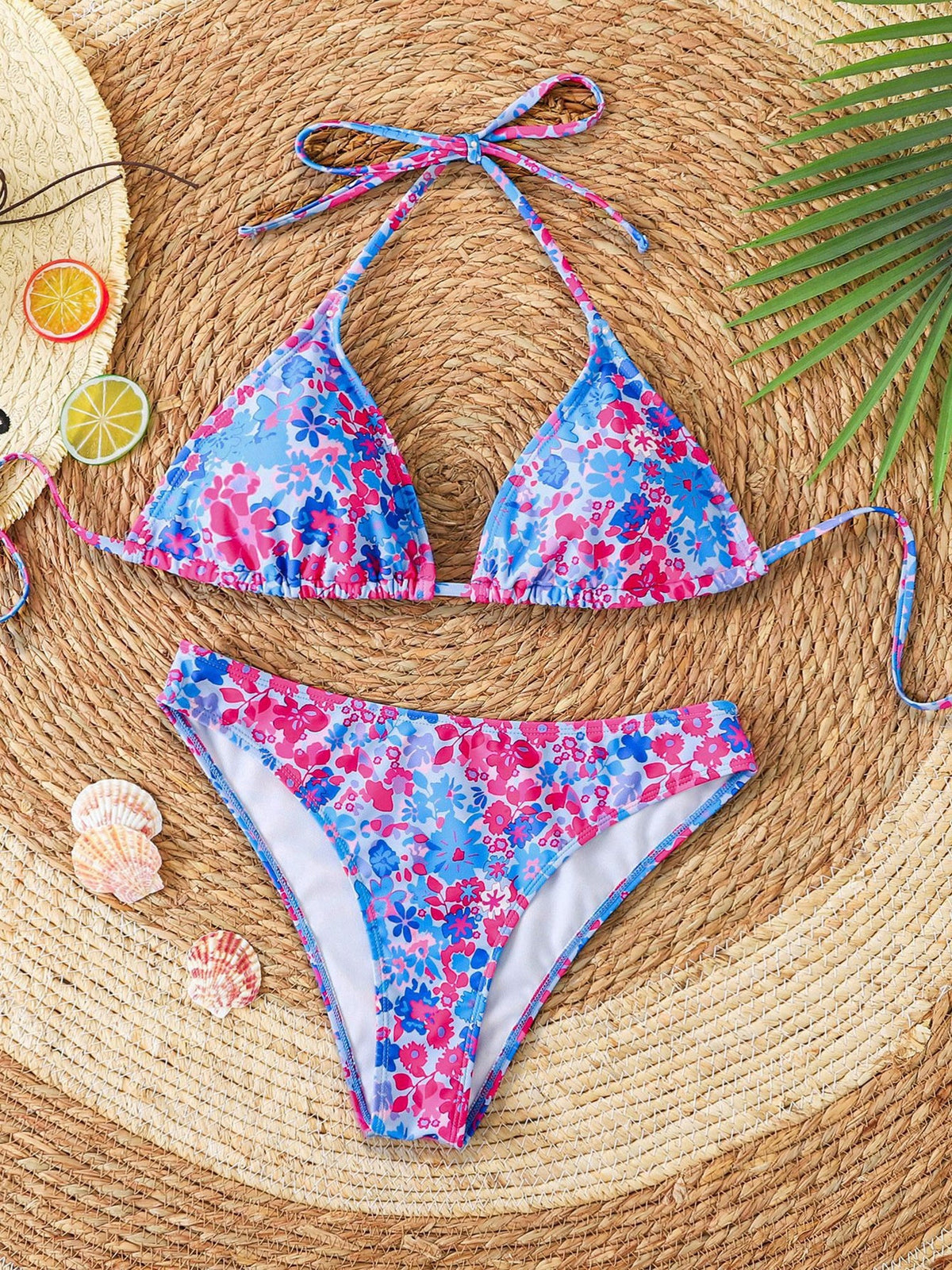 Halter Neck Floral Leopard Triangle Cup Swimsuit Bikinis Sets