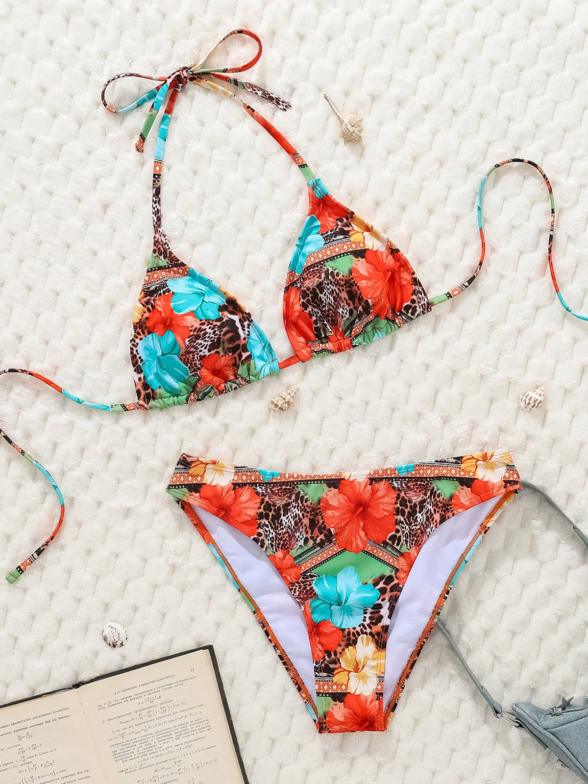 Halter Neck Floral Leopard Triangle Cup Swimsuit Bikinis Sets
