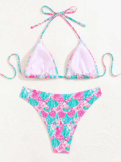 Halter Neck Floral Leopard Triangle Cup Swimsuit Bikinis Sets