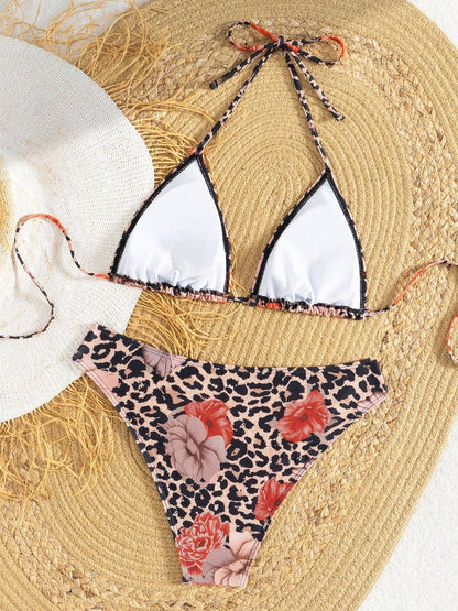 Halter Neck Floral Leopard Triangle Cup Swimsuit Bikinis Sets
