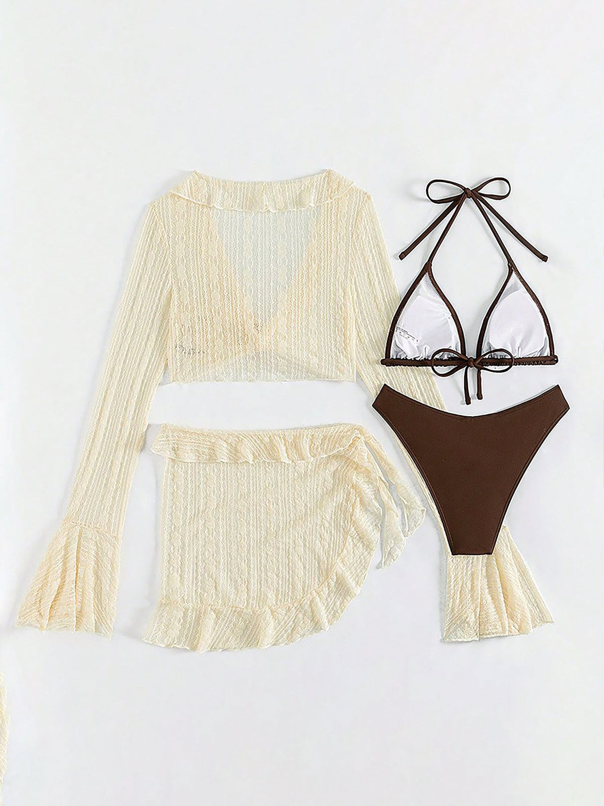 Swimwear Beach Lace Long Sleeve Cover-Ups & Halter Neck Bikinis Set