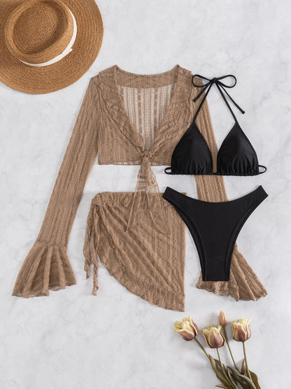 Swimwear Beach Lace Long Sleeve Cover-Ups & Halter Neck Bikinis Set