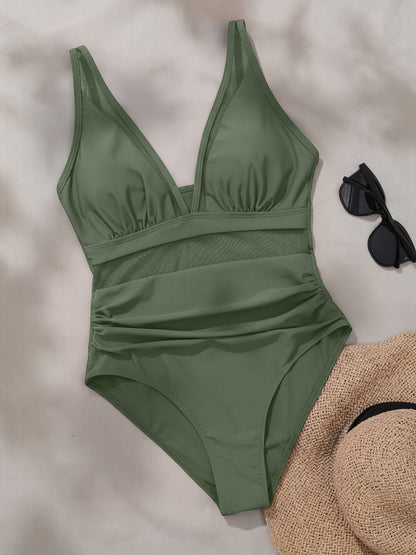 Solid Color Mesh Sleeveless Beach One-Piece Swimsuit