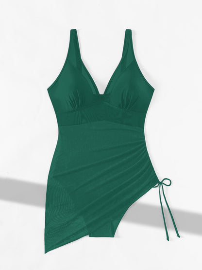 Sleeveless Mesh Drawstring Slimming One-Piece Swimsuit