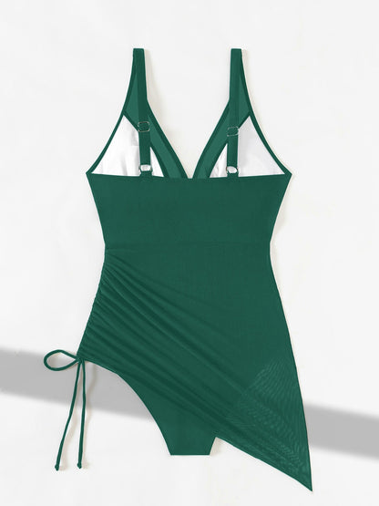 Sleeveless Mesh Drawstring Slimming One-Piece Swimsuit
