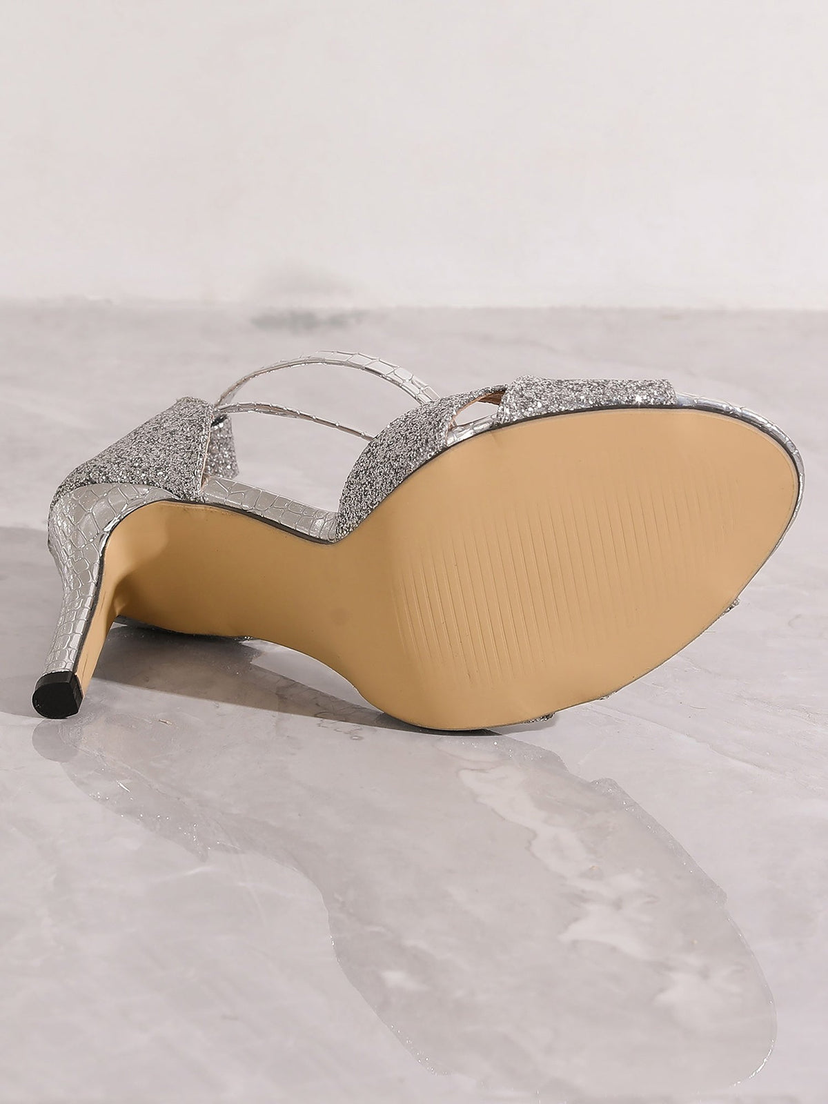 Glitter Cross-Ankle Strap Round Toe Stiletto Sandals