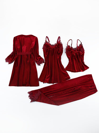 4 Pieces Velvet Padded Nightgown & Camisole & Pants & Long Sleeves Kimonos Loungewear Set