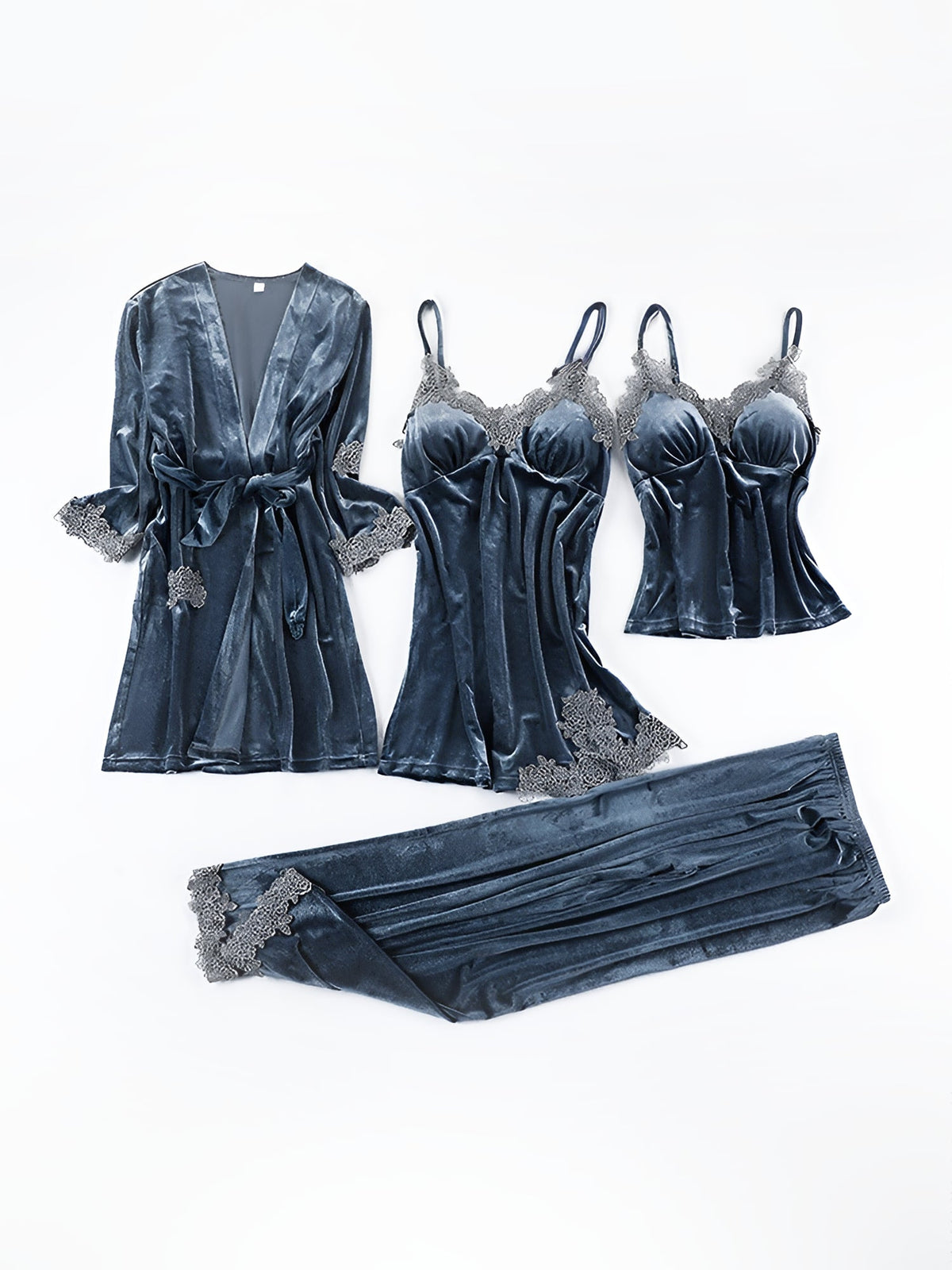 4 Pieces Velvet Padded Nightgown & Camisole & Pants & Long Sleeves Kimonos Loungewear Set