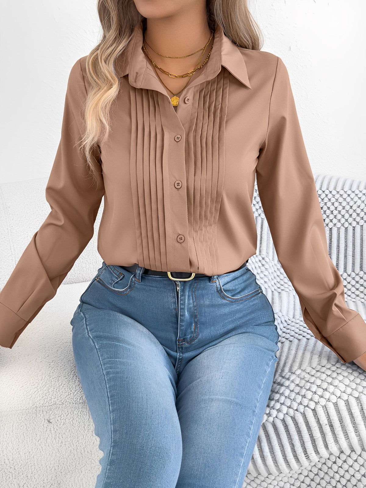 Pleated Solid Color Button Down Long Sleeve Shirt