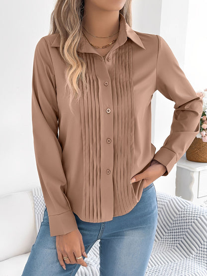 Pleated Solid Color Button Down Long Sleeve Shirt