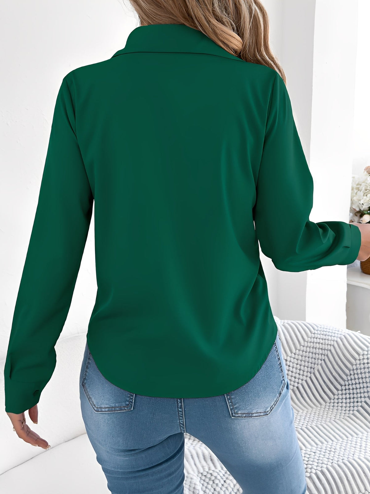 Pleated Solid Color Button Down Long Sleeve Shirt