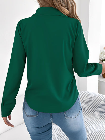 Pleated Solid Color Button Down Long Sleeve Shirt