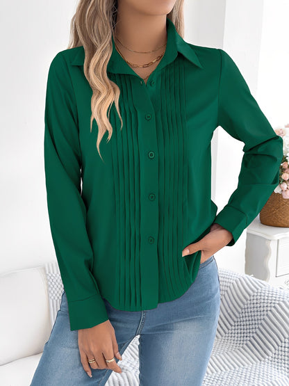 Pleated Solid Color Button Down Long Sleeve Shirt