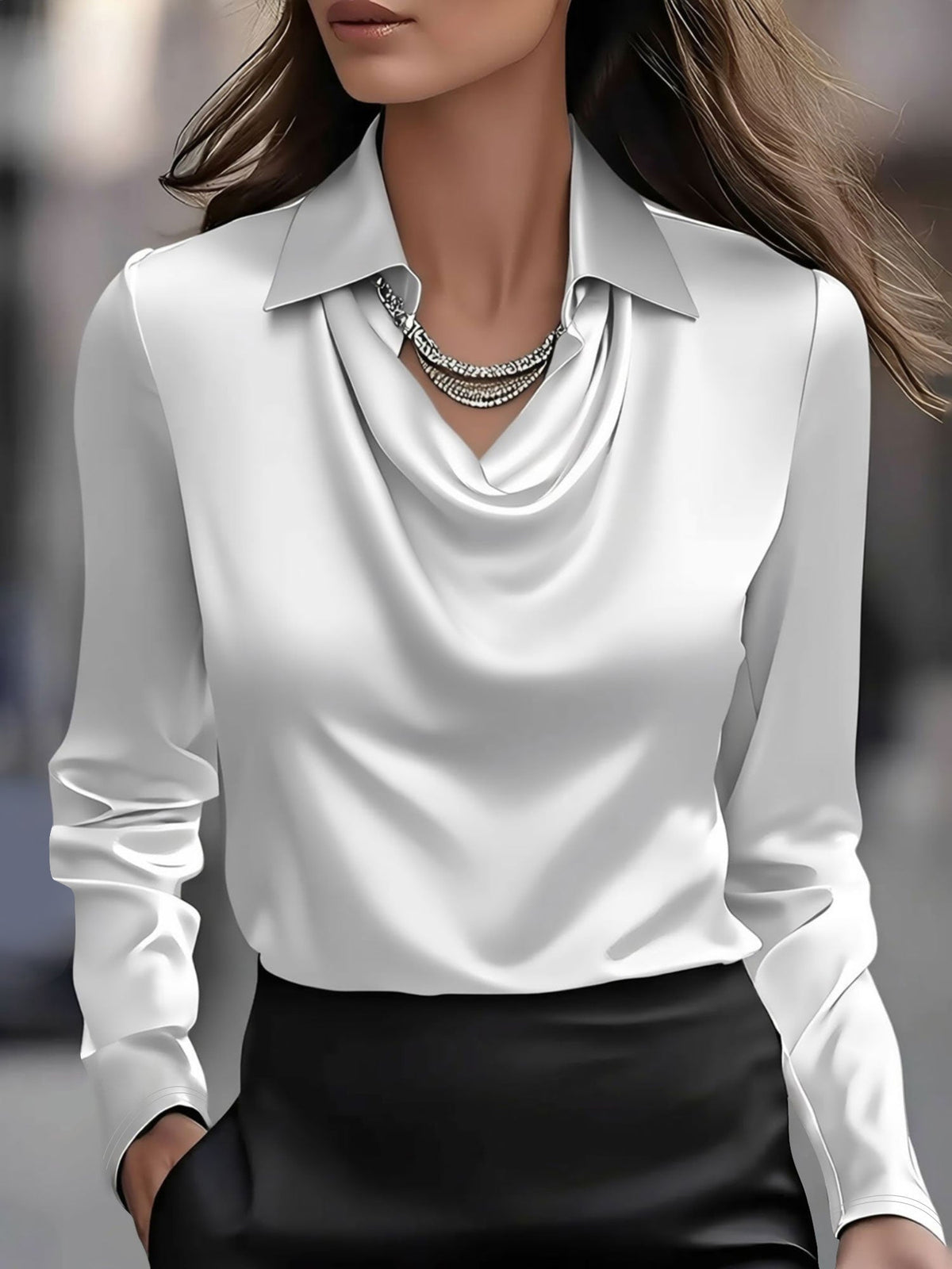 Collar Cowl Neck Long Sleeves Satin Blouse