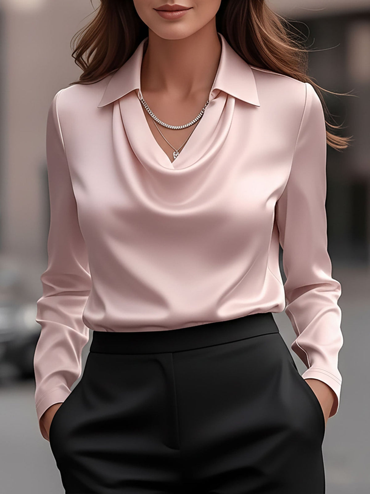 Collar Cowl Neck Long Sleeves Satin Blouse