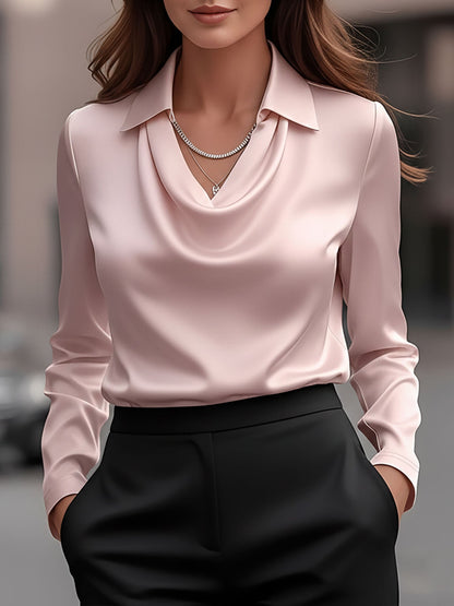 Collar Cowl Neck Long Sleeves Satin Blouse