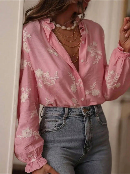 Ruffled Floral Embroidered Long Sleeves Blouse
