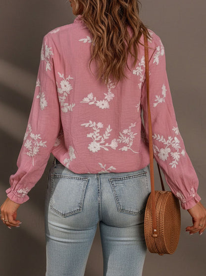 Ruffled Floral Embroidered Long Sleeves Blouse
