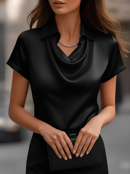 Collared Cowl Neck Short Sleeves Satin Blouse