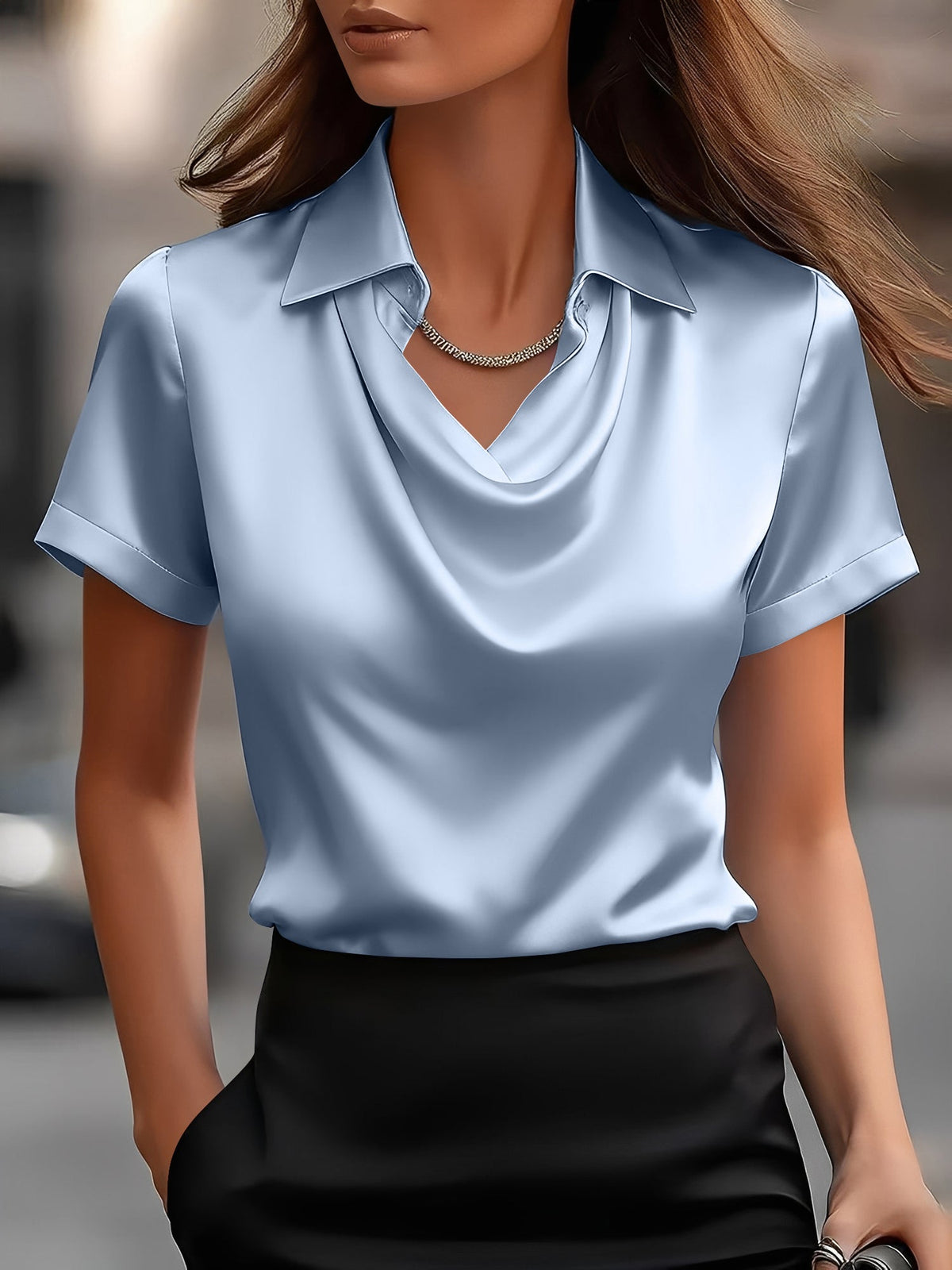 Collared Cowl Neck Short Sleeves Satin Blouse