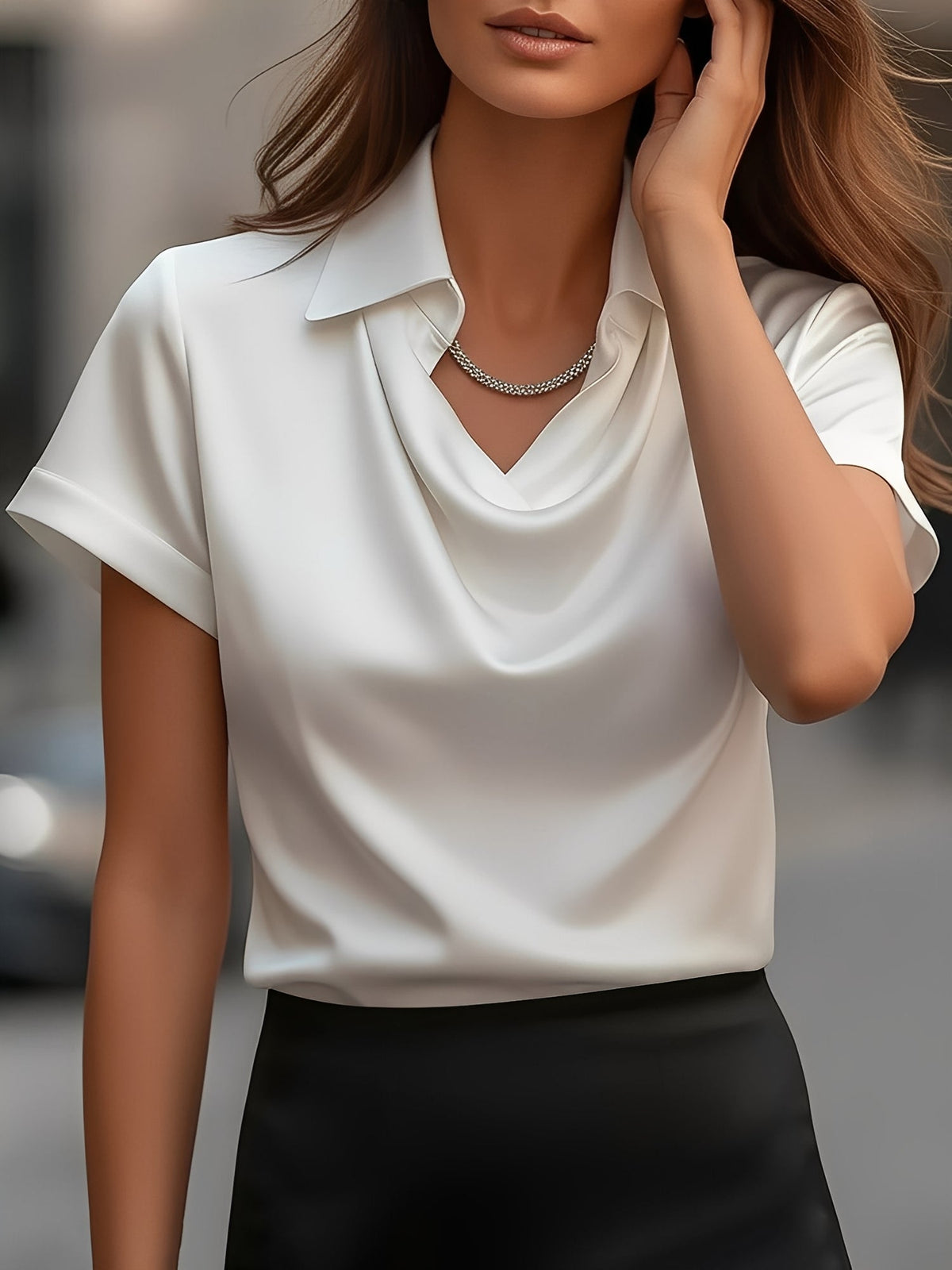Collared Cowl Neck Short Sleeves Satin Blouse