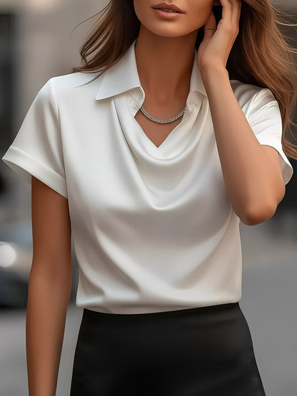 Collared Cowl Neck Short Sleeves Satin Blouse