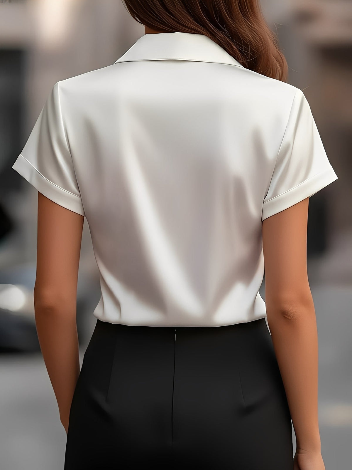 Collared Cowl Neck Short Sleeves Satin Blouse