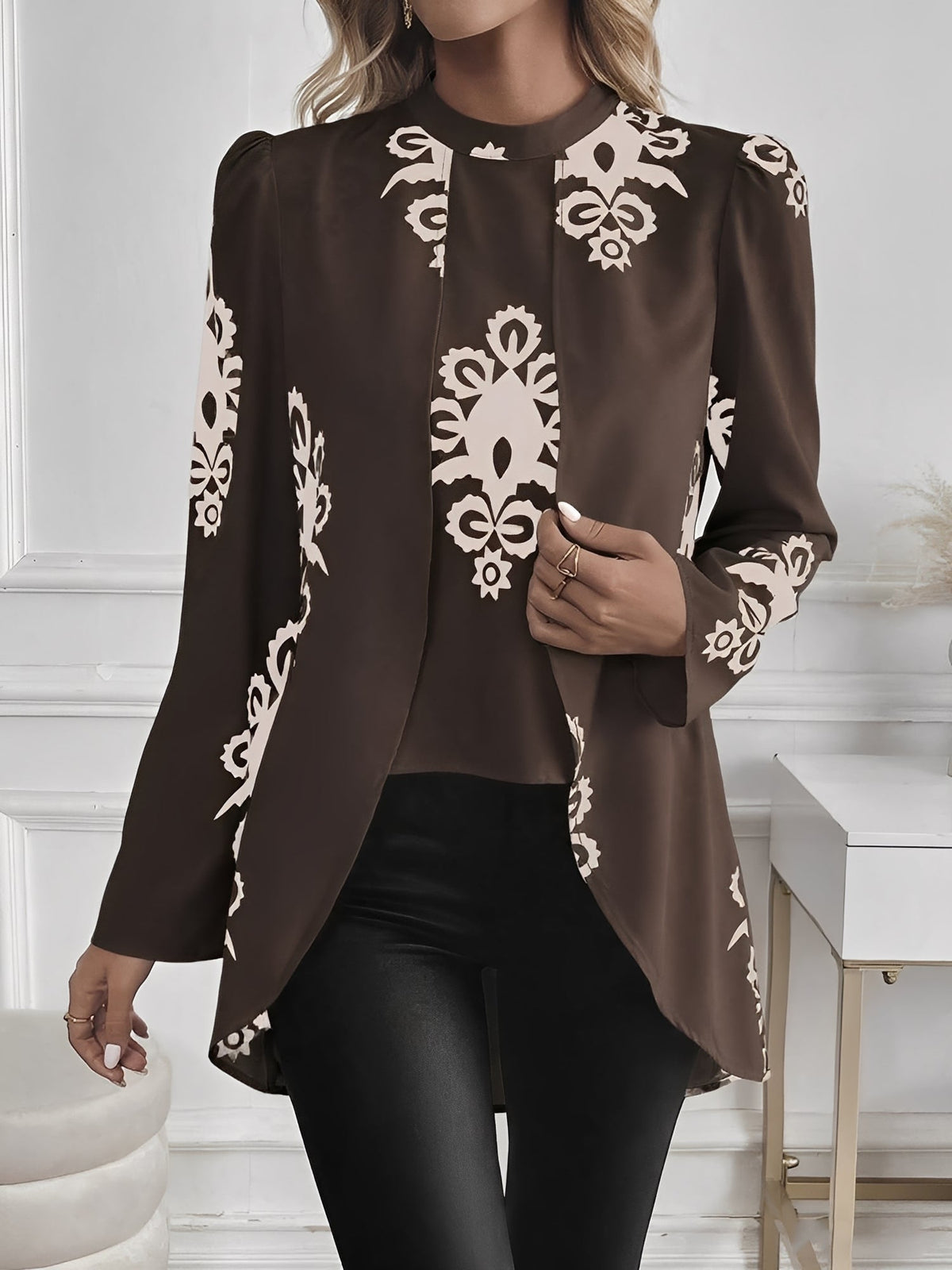Boho Mock Neck Puff Long Sleeves Blouse