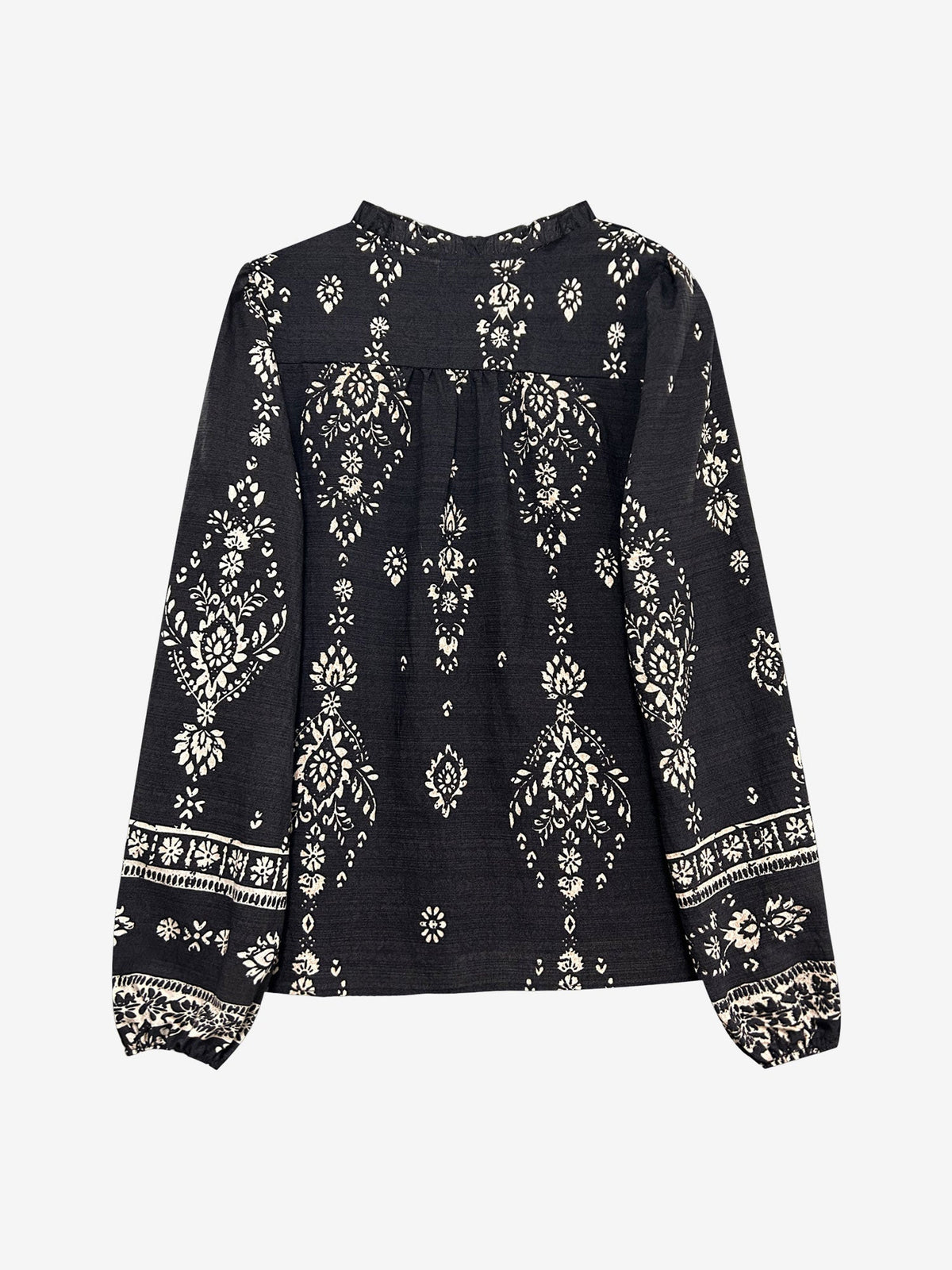 Boho Floral Long Sleeve Ruffled Neck Blouse