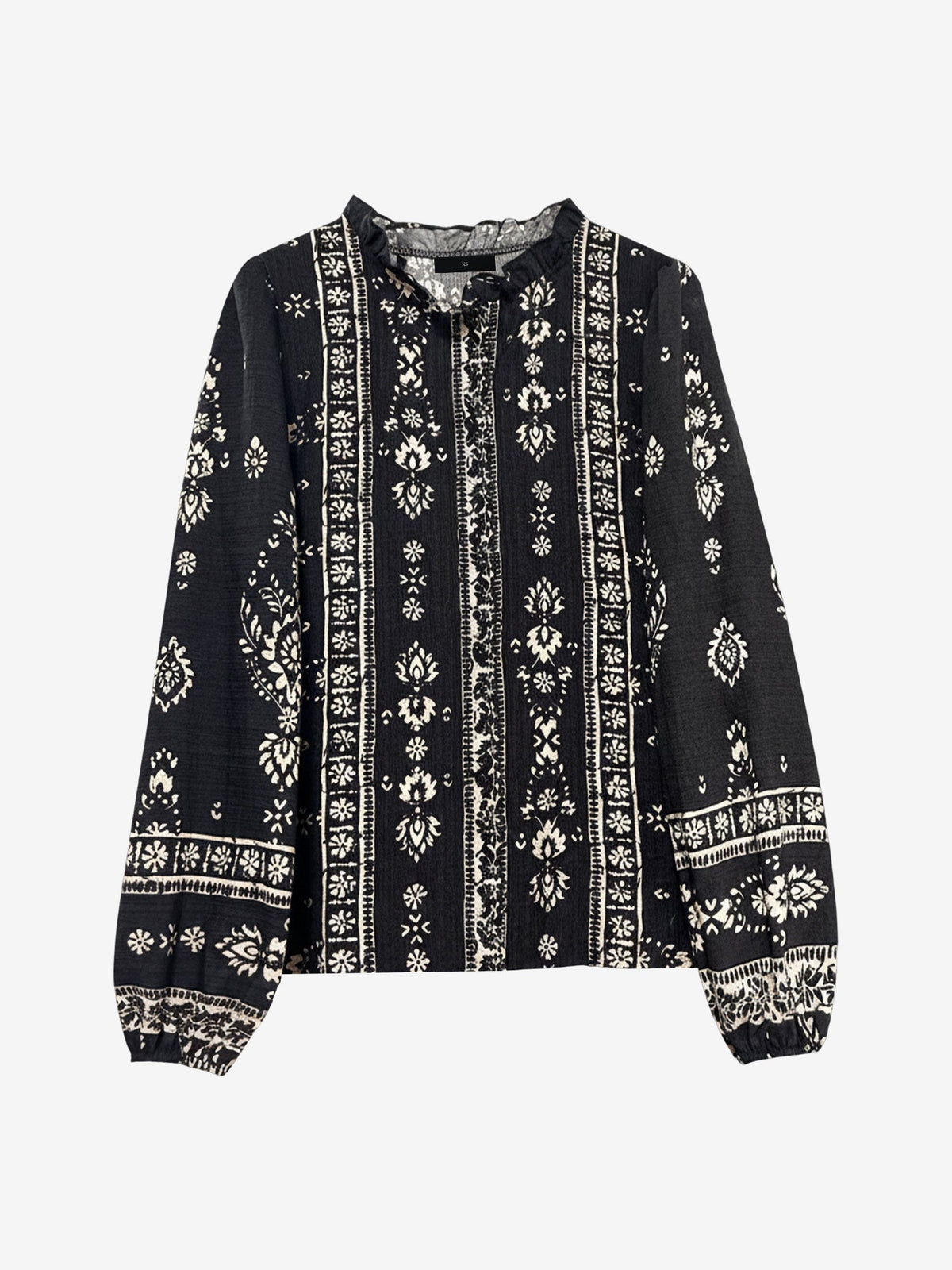 Boho Floral Long Sleeve Ruffled Neck Blouse