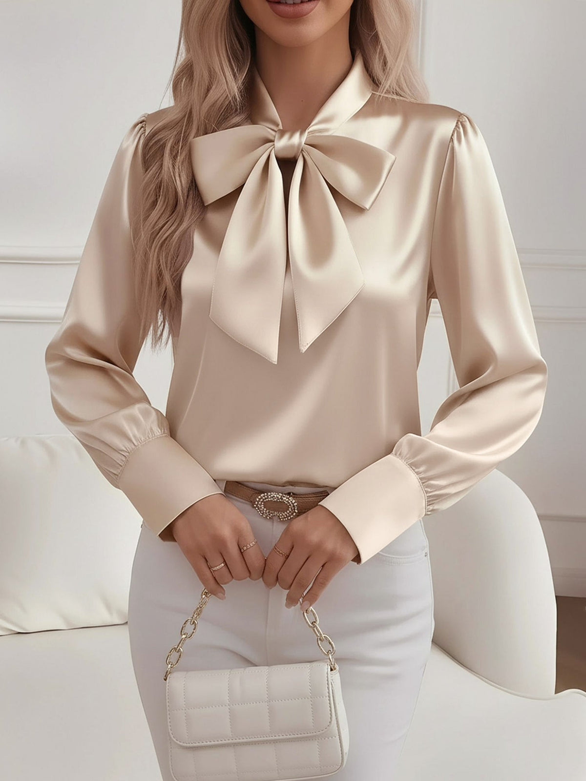 Versatile Bow Tie Satin Long Sleeve Shirt