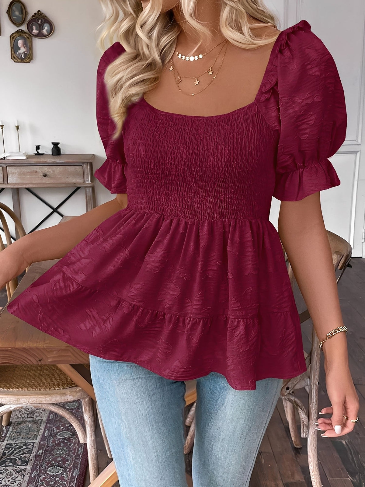 Square Neck Puff Sleeves Smocked Waist Blouse