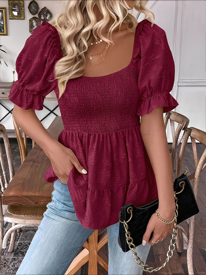 Square Neck Puff Sleeves Smocked Waist Blouse