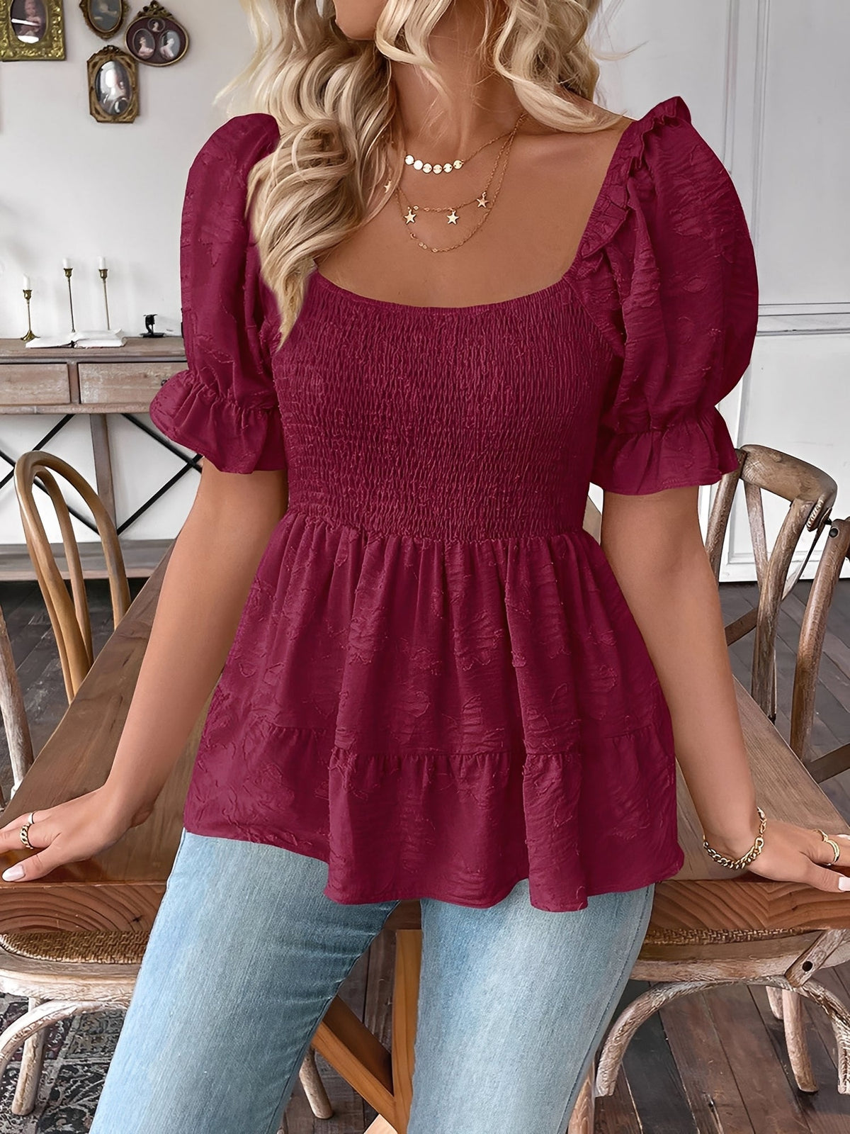 Square Neck Puff Sleeves Smocked Waist Blouse